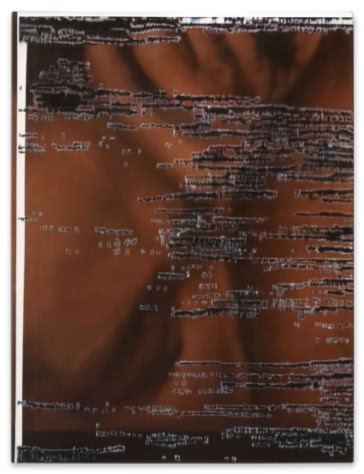 Abstraktes Kunstwerk mit braunen und schwarzen Farbtönen, das horizontale Linien und Texturen zeigt.